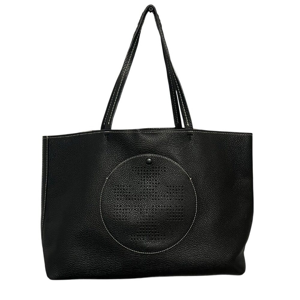 Tory Burch Marion Perforated Leather Tote Black Pebbled Shopper Bag